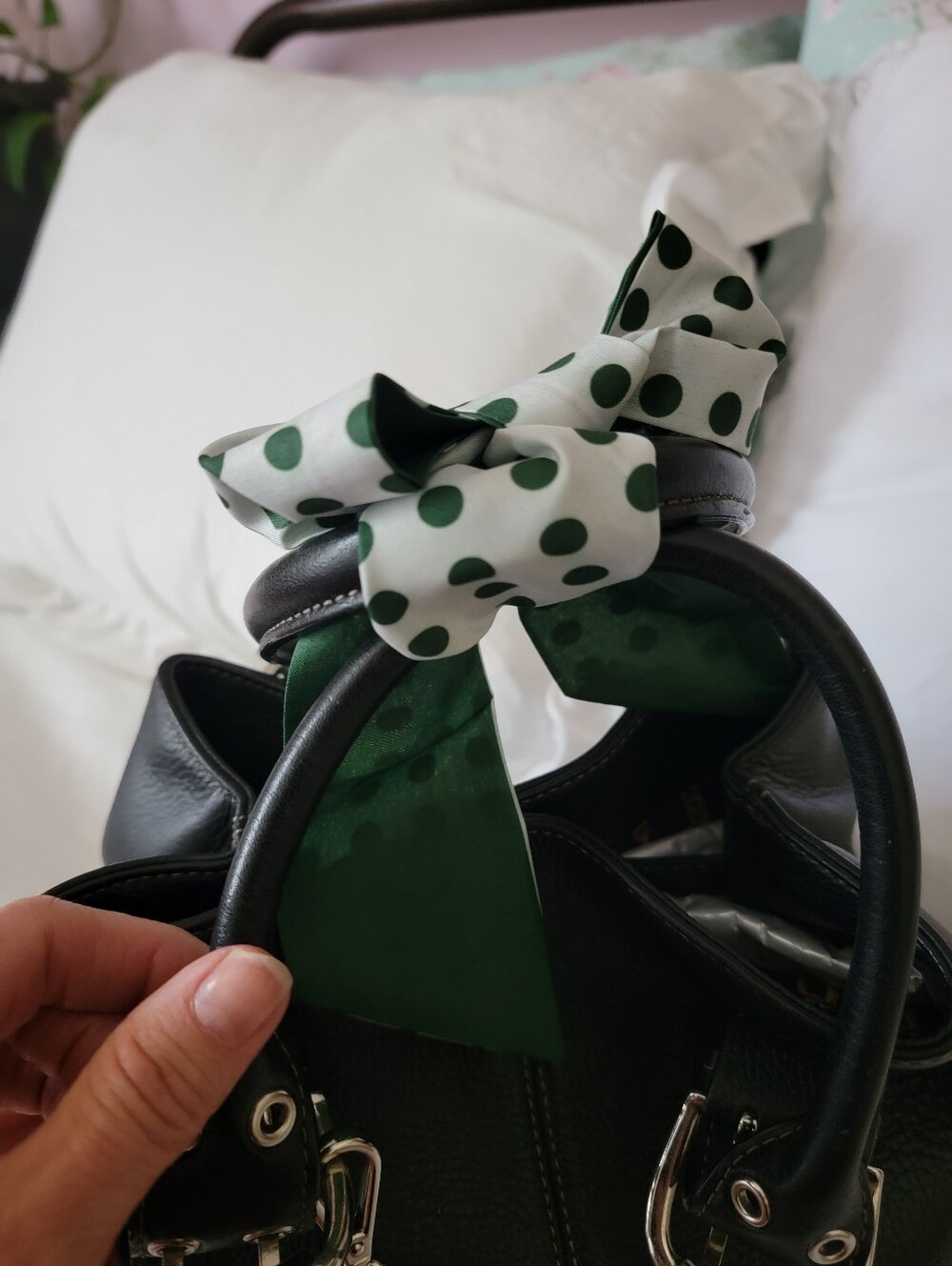 Green Polka Dot Bow Scarf Hair Tie - Picture 2 of 8